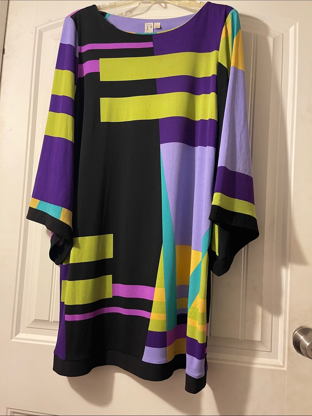 Emma & Michele Black Shift Dress with Purple, Lime, Teal & Yellow Blocks